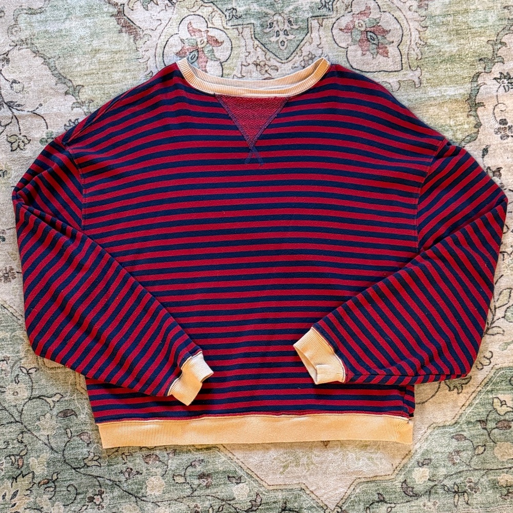 Free People Red and Navy Striped Crewneck Sweater with Cream Trim